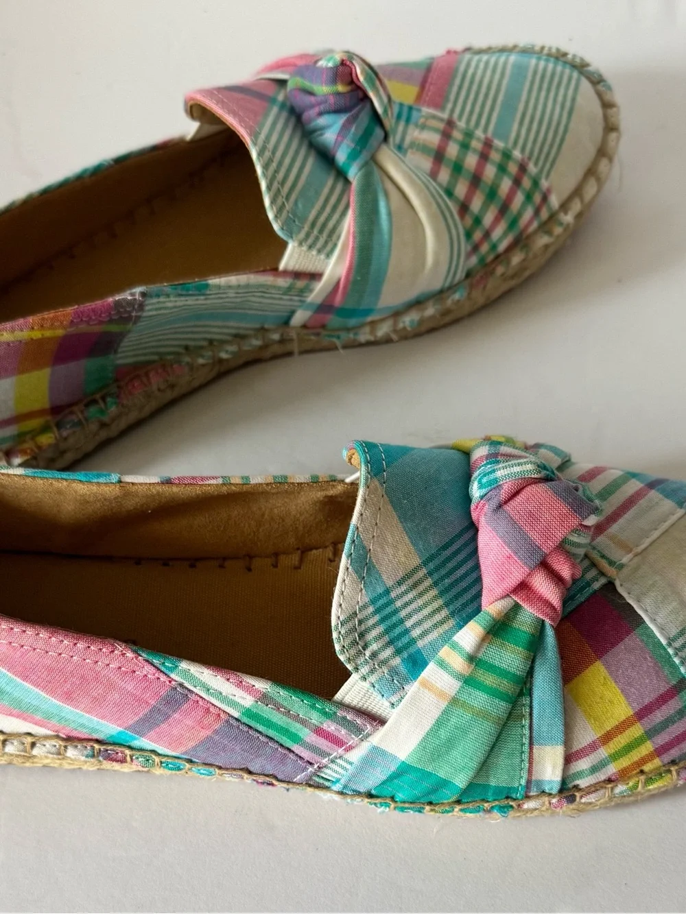 Talbots Women’s 7 Plaid knot Espadrille Flats Teal Pink Slip On Shoes Classic